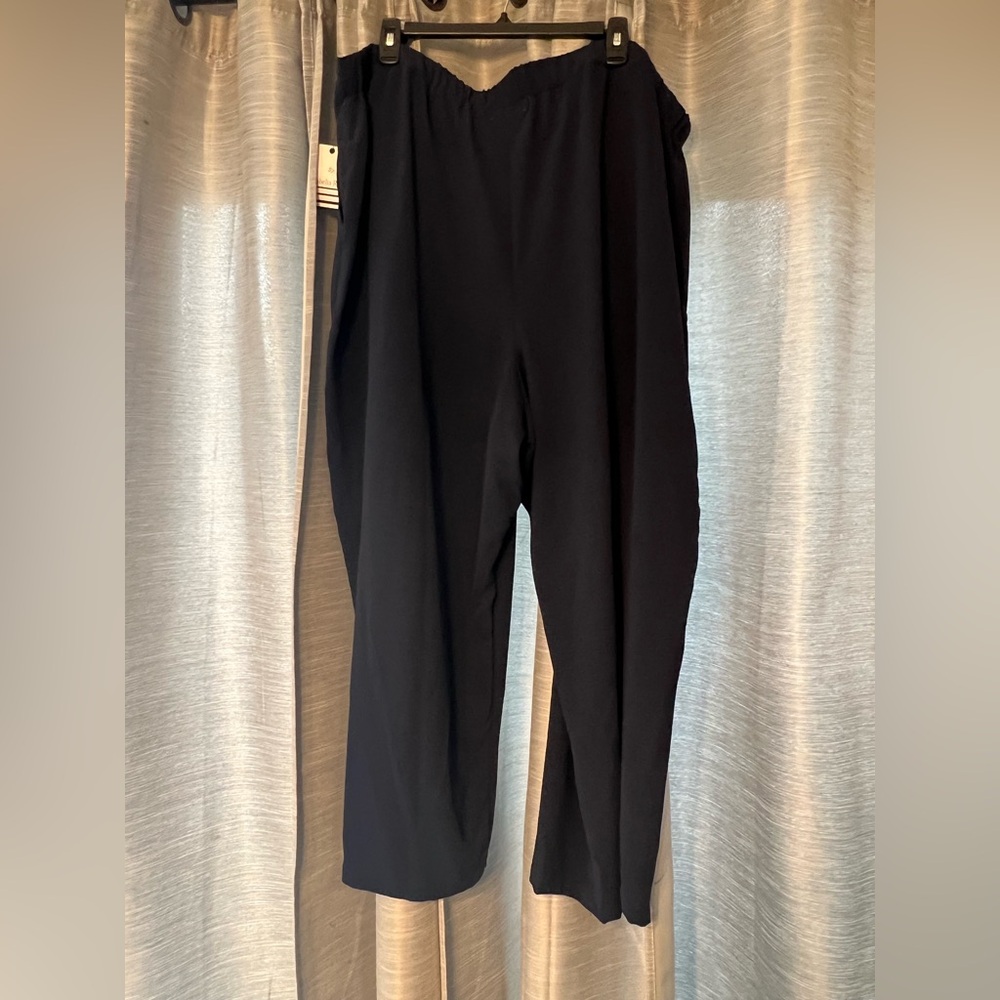 Navy High-Waisted Pants with Buttons Wide Leg Pants Classy Chic Lightweight - Picture 2 of 4